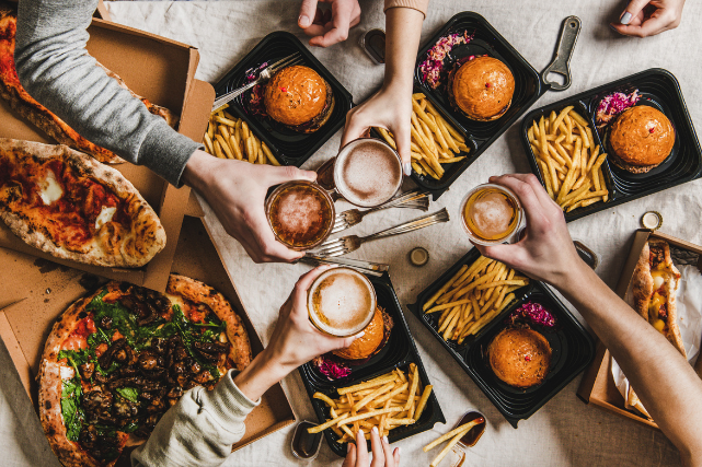 overview of burgers and pizza at a restaurant in Lowell, Michigan